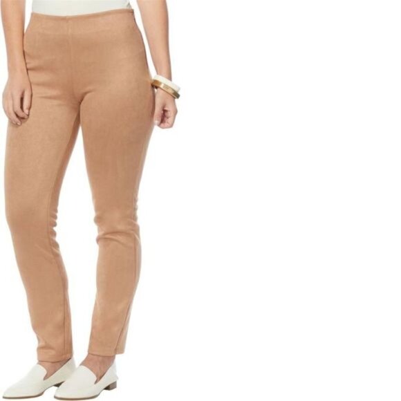 Marla Wynne Camel Faux Suede Straight Stretch Pants Side Zipper Size 2 - Picture 2 of 13